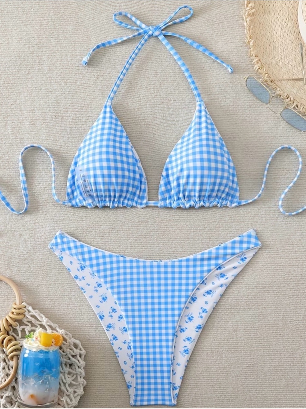 Blue Floral Reversible Triangle Halter Bikini Set - Picture 8 of 10